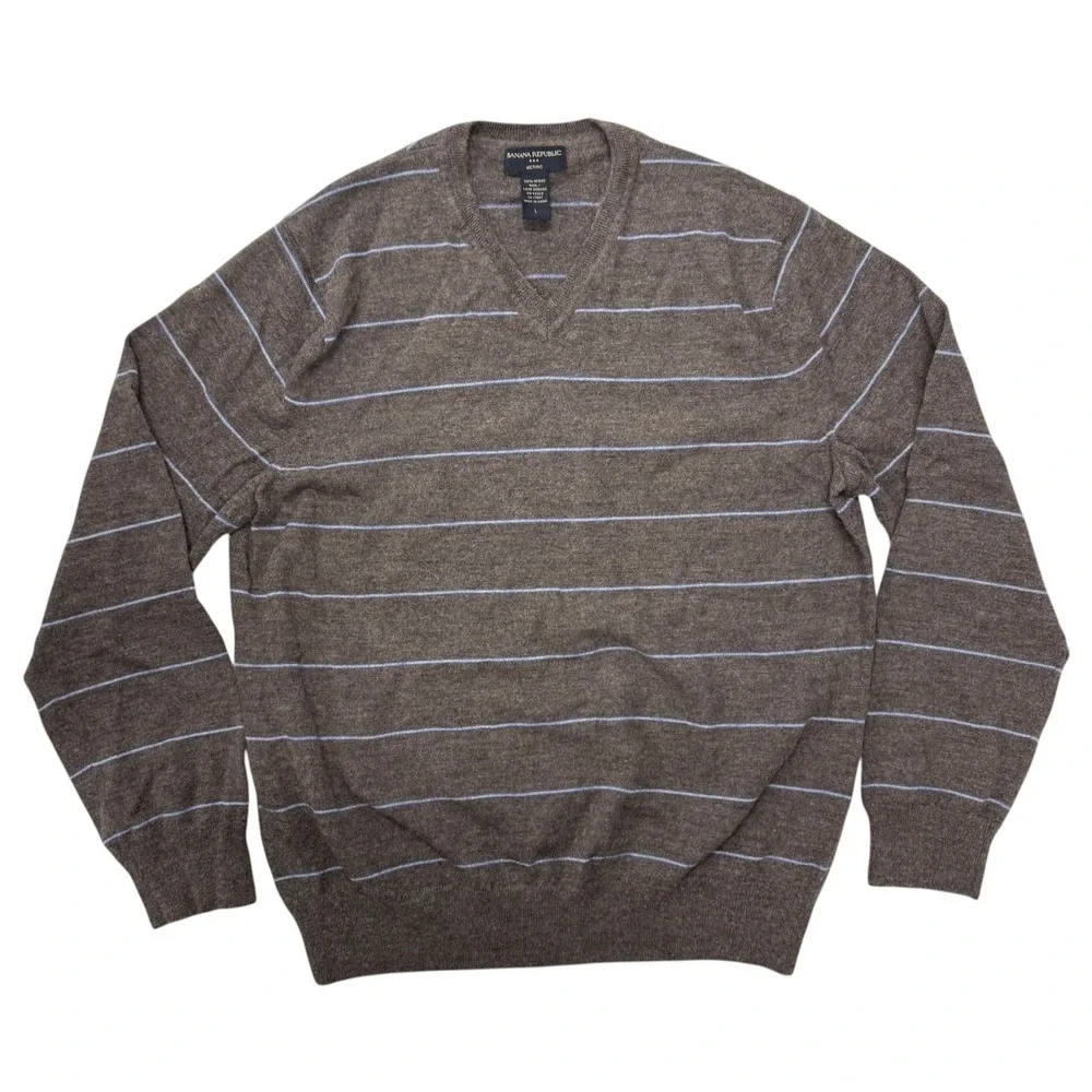 Banana Republic Men Merino Wool V-Neck Striped Sweater Brown Blue Large Pullover